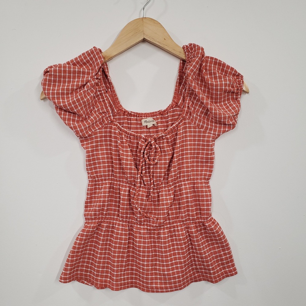 Madewell Red White Gingham Square Neck Puff‎ Sleeve Peplum Top XS Peasant Boho - Picture 2 of 5